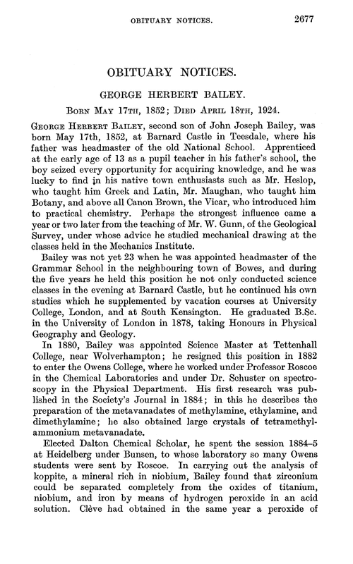Obituary notices: George Herbert Bailey, 1852–1924; Surendra Nath Dhar, 1892–1923; James Johnston Dobbie, 1852–1924; Otto Hehner, 1853–1924; Edmund Knowles Muspratt, 1833–1923
