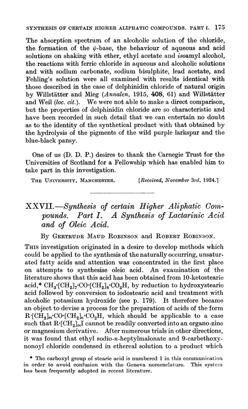 XXVII.—Synthesis of certain higher aliphatic compounds. Part I. A synthesis of lactarinic acid and of oleic acid