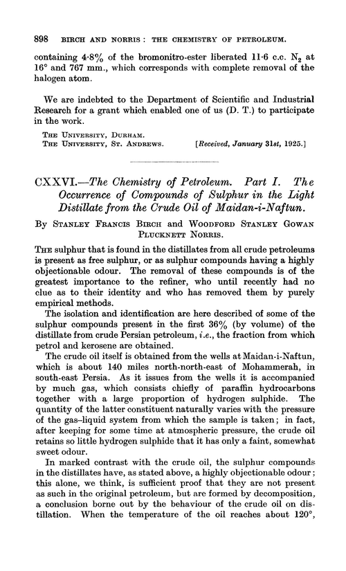CXXVI.—The chemistry of petroleum. Part I. The occurrence of compounds of sulphur in the light distillate from the crude oil of maidan-i-naftun