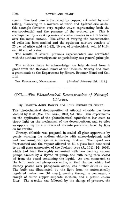 CXL.—The photochemical decomposition of nitrosyl chloride