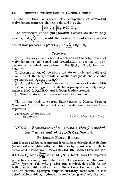 CLXXX.—Bromination of 4′-amino-1-phenyl-5-methylbenzthiazole and of 1 : 1-bisbenzthiazole