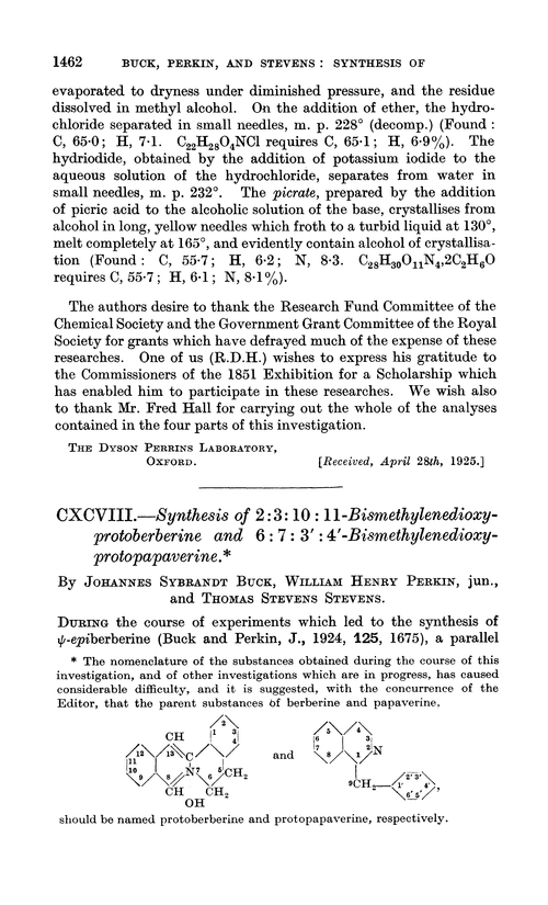 CXCVIII.—Synthesis of 2 : 3 : 10 : 11-bismethylenedioxy-protoberberine and 6 : 7 : 3′ : 4′-bismethylenedioxy-protopapaverine