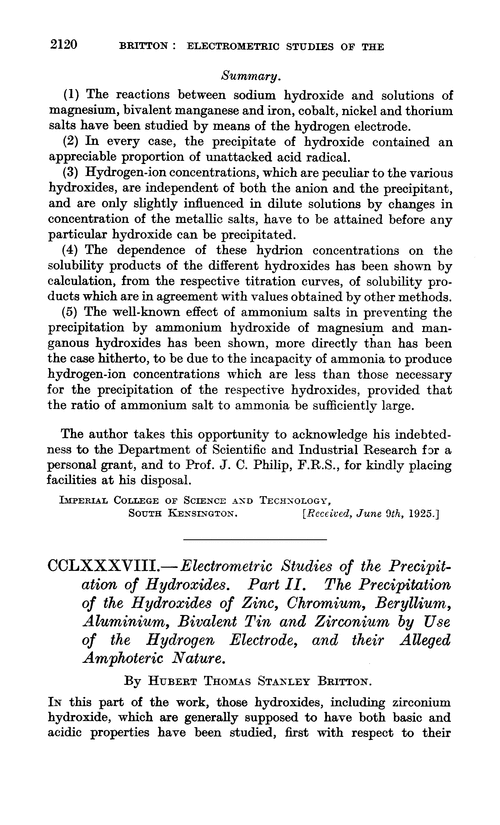 CCLXXXVIII.—Electrometric studies of the precipitation of hydroxides. Part II. The precipitation of the hydroxides of zinc, chromium, beryllium, aluminium, bivalent tin and zirconium by use of the hydrogen electrode, and their alleged amphoteric nature