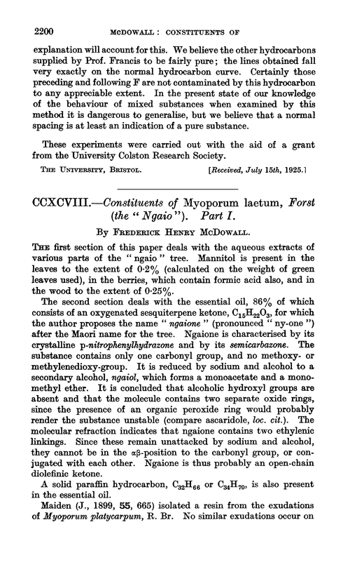 CCXCVIII.—Constituents of Myoporum laetum, forst (the “ngaio”). Part I
