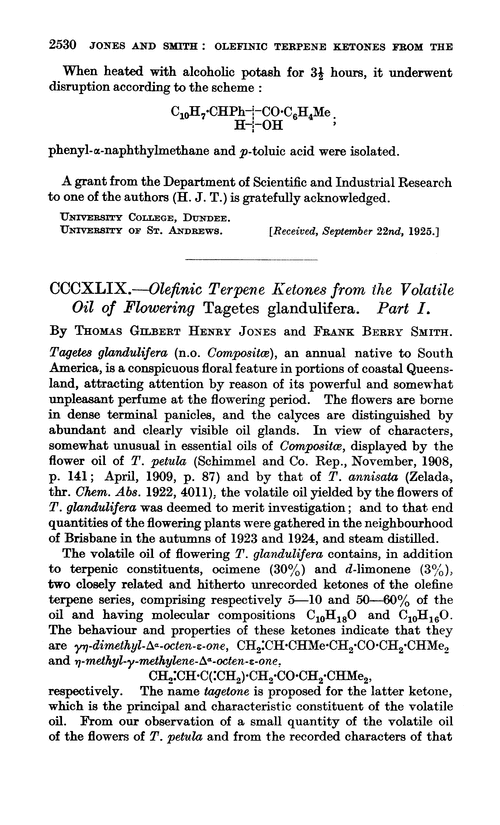 CCCXLIX.—Olefinic terpene ketones from the volatile oil of flowering Tagetes glandulifera. Part I