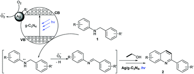 Graphical abstract: Visible-light-induced photoxidation-Povarov cascade reaction: synthesis of 2-arylquinoline through alcohol and N-benzylanilines under mild conditions via Ag/g-C3N4 nanometric semiconductor catalyst