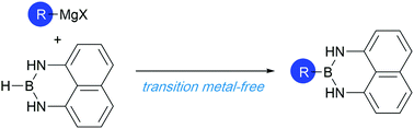 Graphical abstract: Transition metal-free B(dan)-installing reaction (dan: naphthalene-1,8-diaminato): H–B(dan) as a B(dan) electrophile