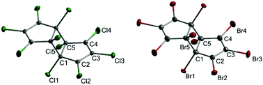Graphical abstract: The [2+2] cycloaddition product of perhalogenated cyclopentadienyl cations: structural characterization of salts of the [C10Cl10]2+ and [C10Br10]2+ dications