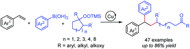Graphical abstract: Copper-catalyzed alkylarylation of vinylarenes with cycloalkylsilyl peroxides and boronic acids
