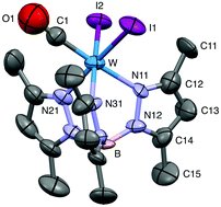 Graphical abstract: Synthesis and characterisation of fifteen-electron dihalo(carbonyl)tungsten(iii) complexes, Tp*WX2(CO) (X = Br, I)