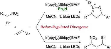 Graphical abstract: Redox-regulated divergence in photocatalytic addition of α-nitro alkyl radicals to styrenes