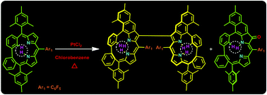 Graphical abstract: PtCl2 mediated peripheral transformation of carbatriphyrin(3.1.1) into a meso-fused β–β′ dimer and its monomer analogue