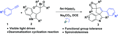 Graphical abstract: Visible-light-induced cascade dearomatization cyclization between alkynes and indole-derived bromides: a facile strategy to synthesize spiroindolenines