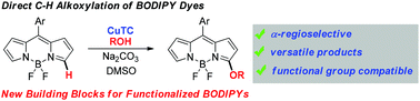 Graphical abstract: Direct C–H alkoxylation of BODIPY dyes via cation radical accelerated oxidative nucleophilic hydrogen substitution: a new route to building blocks for functionalized BODIPYs