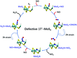 Graphical abstract: NO disproportionation over defective 1T′-MoS2 monolayers