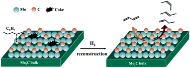 Graphical abstract: Surface reconstruction and the effect of Ni-modification on the selective hydrogenation of 1,3-butadiene over Mo2C-based catalysts