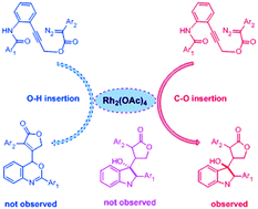 Graphical abstract: Insights into C–O insertion in a carbene/alkyne metathesis cascade reaction catalyzed by Rh2(OAc)4: a DFT study
