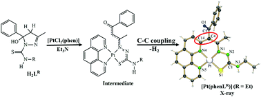 Graphical abstract: Intramolecular C(sp2)–C (sp2) bond formation between phenanthroline and β-diketone thiosemicarbazones in PtII complexes: crystal structures and computational studies