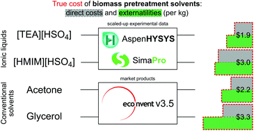 Graphical abstract: Role of life-cycle externalities in the valuation of protic ionic liquids – a case study in biomass pretreatment solvents