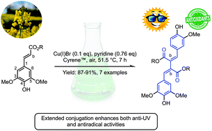 Graphical abstract: Biomimetic regioselective and high-yielding Cu(i)-catalyzed dimerization of sinapate esters in green solvent Cyrene™: towards sustainable antioxidant and anti-UV ingredients