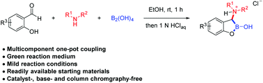 Graphical abstract: Concise synthesis of α-amino cyclic boronates via multicomponent coupling of salicylaldehydes, amines, and B2(OH)4