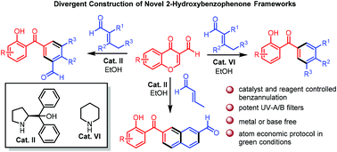 Graphical abstract: Eco-friendly organocatalyst- and reagent-controlled selective construction of diverse and multifunctionalized 2-hydroxybenzophenone frameworks for potent UV-A/B filters by cascade benzannulation