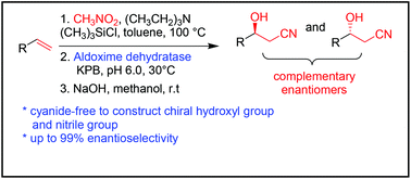 Graphical abstract: Biocatalytic asymmetric ring-opening of dihydroisoxazoles: a cyanide-free route to complementary enantiomers of β-hydroxy nitriles from olefins