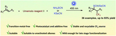 Graphical abstract: Visible-light-promoted photocatalyst- and additive-free intermolecular trifluoromethyl-thio(seleno)cyanation of alkenes