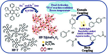 Graphical abstract: A photocatalytic ensemble HP-T@Au-Fe3O4: synergistic and balanced operation in Kumada and Heck coupling reactions