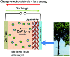 Graphical abstract: Biodegradable Zn-ion battery with a lignin composite electrode and bio-ionic liquid based electrolyte: possible in situ energy generation by lignin electrocatalysis