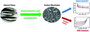 Graphical abstract: Dual potassium salt-assisted lyophilization of natural fibres for the high-yield synthesis of one-dimensional carbon microtubes for supercapacitors and the oxygen reduction reaction