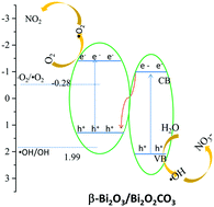 Graphical abstract: A facile synthesis of a highly efficient β-Bi2O3/Bi2O2CO3 heterojunction with enhanced photocatalytic NO oxidation under visible light