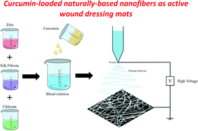 Graphical abstract: Curcumin-loaded naturally-based nanofibers as active wound dressing mats: morphology, drug release, cell proliferation, and cell adhesion studies