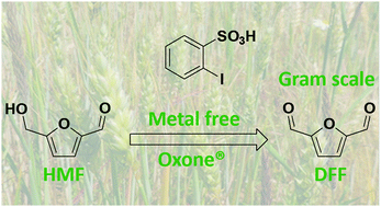 Graphical abstract: A gram scale selective oxidation of 5-hydroxymethylfurfural to diformylfuran in the presence of oxone and catalyzed by 2-iodobenzenesulfonic acid