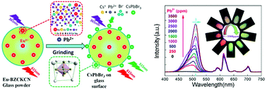 Graphical abstract: A solid-state colorimetric fluorescence Pb2+-sensing scheme: mechanically-driven CsPbBr3 nanocrystallization in glass