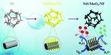 Graphical abstract: Multi-dimensional collaboration promotes the catalytic performance of 1D MoO3 nanorods decorated with 2D NiS nanosheets for efficient water splitting