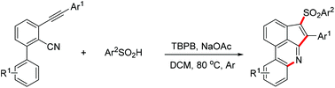 Graphical abstract: TBPB-initiated cascade cyclization of 3-arylethynyl-[1,1′-biphenyl]-2-carbonitriles with sulfinic acids: access to sulfone-containing cyclopenta[gh]phenanthridines