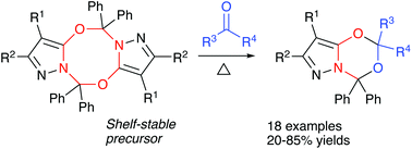 Graphical abstract: Dipyrazolodioxadiazocines as shelf-stable “ready-to-use” precursors for an in situ generation of enolate-iminium 1,4-dipoles: a straightforward atom-economical approach to pyrazolo[5,1-d][1,3,5]dioxazines