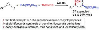 Graphical abstract: Copper-catalyzed 1,3-aminothiocyanation of arylcyclopropanes