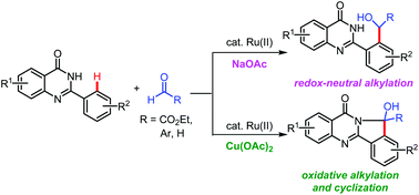 Graphical abstract: Ru(ii)-Catalyzed C–H addition and oxidative cyclization of 2-aryl quinazolinones with activated aldehydes
