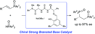 Graphical abstract: Enantioselective hydrophosphinylation of 1-alkenylphosphine oxides catalyzed by chiral strong Brønsted base