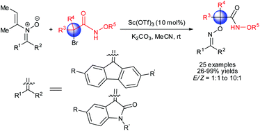 Graphical abstract: Synthesis of α-aminooxy amides through [3 + 3] cycloaddition and Sc(OTf)3-catalyzed double C–N bond cleavage in a one-pot reaction