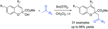 Graphical abstract: Tin(ii)-catalyzed dehydrative cross-coupling of 2H-chromene hemiacetals with ketones
