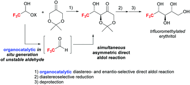 Graphical abstract: Highly diastereo- and enantioselective organocatalytic synthesis of trifluoromethylated erythritols based on the in situ generation of unstable trifluoroacetaldehyde