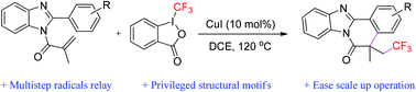 Graphical abstract: Copper-catalyzed radical cascade cyclization for synthesis of CF3-containing tetracyclic benzimidazo[2,1-a]iso-quinolin-6(5H)-ones