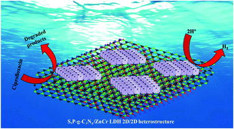 Graphical abstract: Double charge carrier mechanism through 2D/2D interface-assisted ultrafast water reduction and antibiotic degradation over architectural S,P co-doped g-C3N4/ZnCr LDH photocatalyst