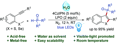 Graphical abstract: A metal-free visible-light-promoted phosphorylation/cyclization reaction in water towards 3-phosphorylated benzothiophenes