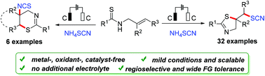 Graphical abstract: Access to SCN-containing thiazolines via electrochemical regioselective thiocyanothiocyclization of N-allylthioamides