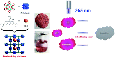 Graphical abstract: A built-in self-calibrating luminescence sensor based on RhB@Zr-MOF for detection of cations, nitro explosives and pesticides