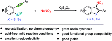 Graphical abstract: K2S2O8-mediated radical cyclisation of 2-alkynylthioanisoles or -selenoanisoles: a green and regioselective route to 3-nitrobenzothiophenes and benzoselenophenes